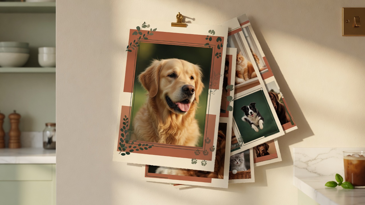 A photo calendar hanging in a sunlit kitchen